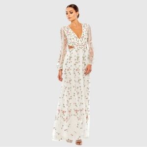 MAC DUGGAL Long SleeveEmbellished Cut Out A-Line GownIVORY MULTI SIZE 14